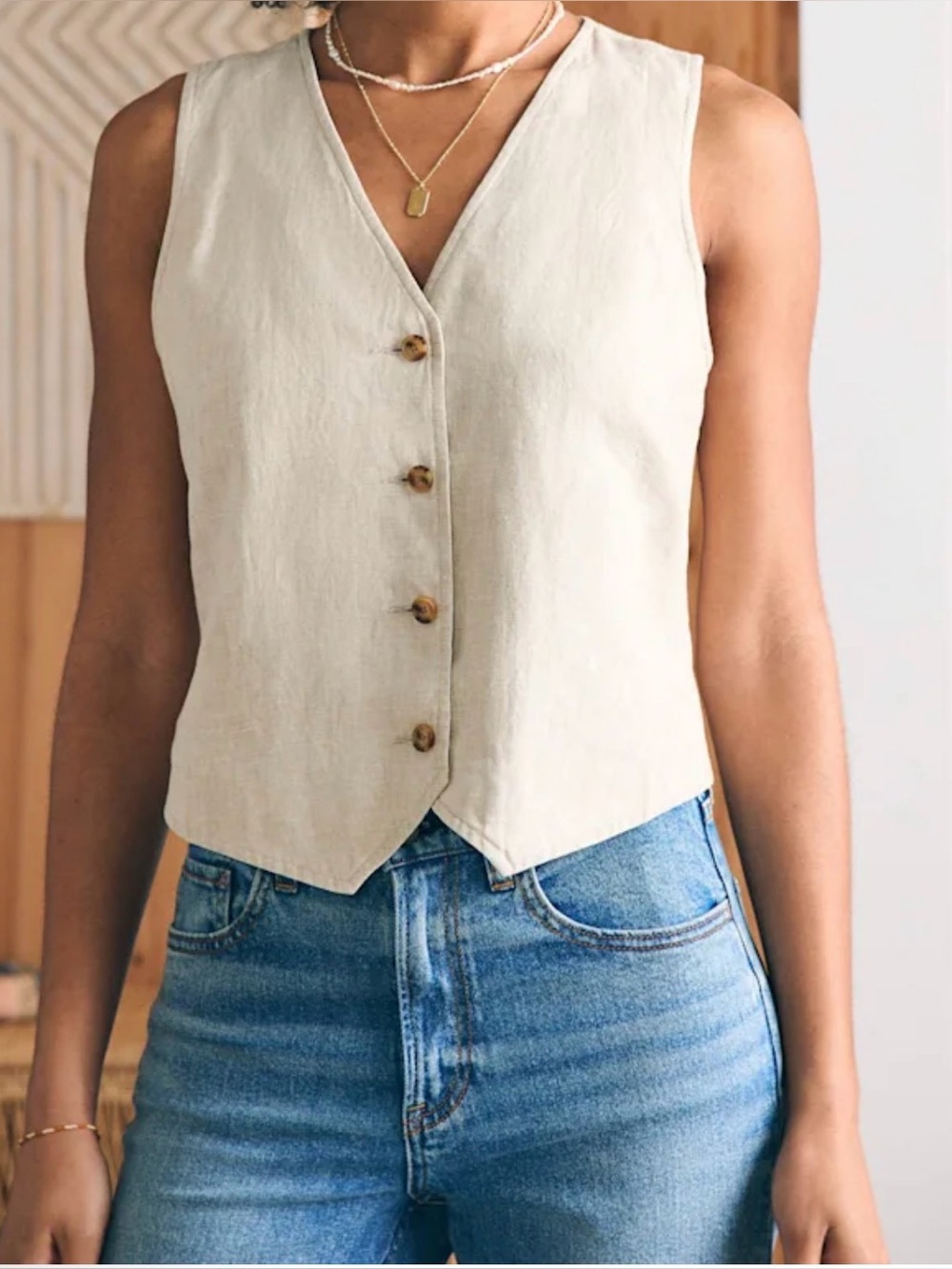 Faherty Monterey Linen Button-Front Tank Top Vest - Natural Beige